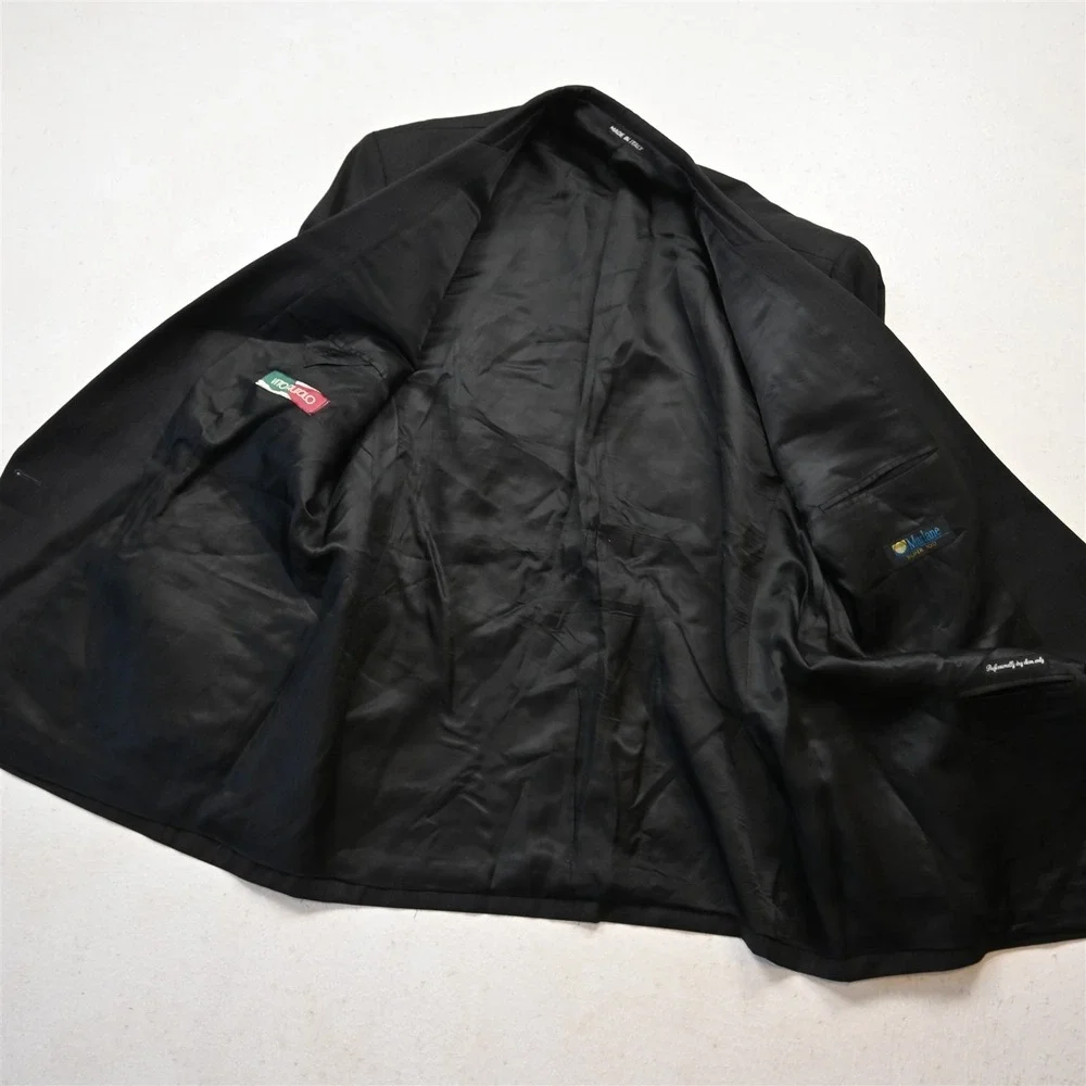 Vtg Italy Double‎ Breasted 44R Black Super 120s Marlane Wool Blazer Jacket Coat
